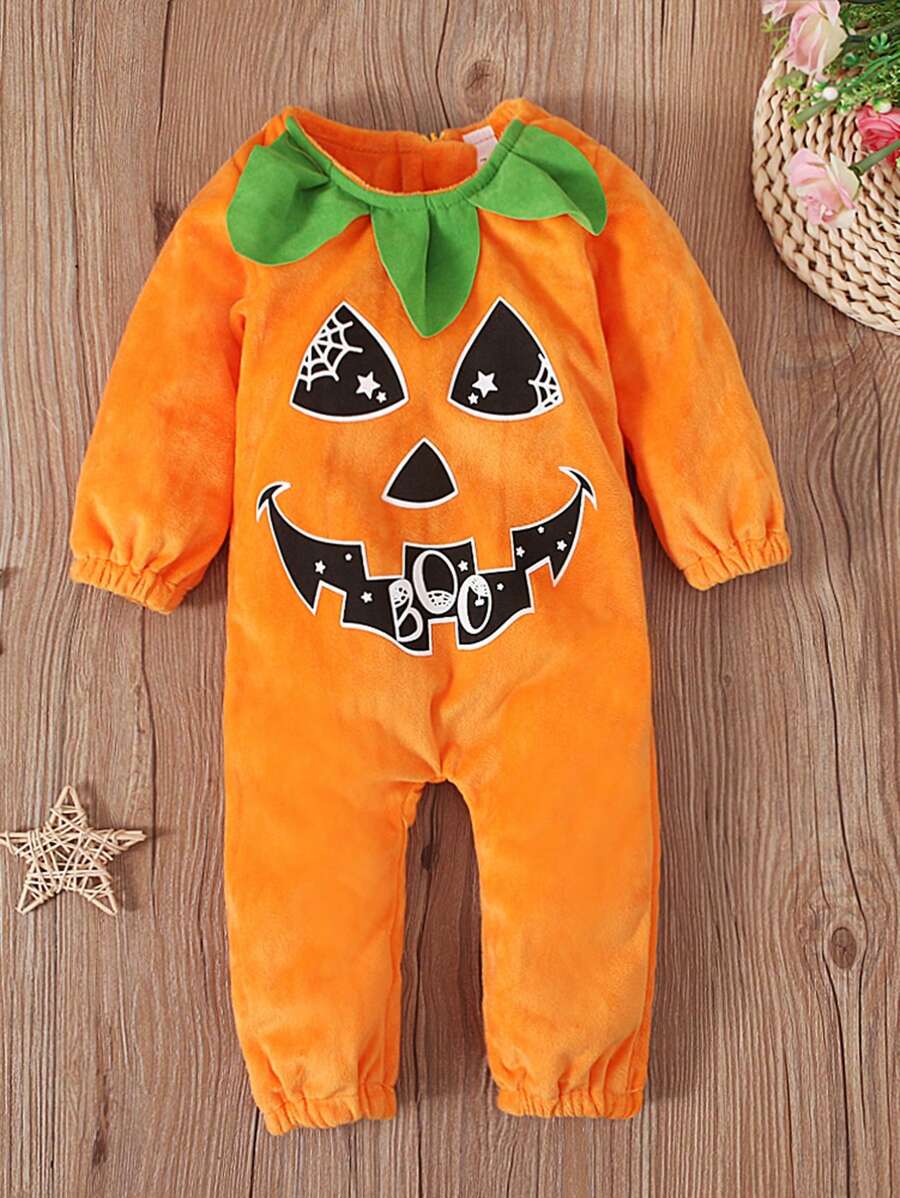 Pumpkin Expression Plush Zip-Up Jumpsuit, Fall/Winter - Orange - View 1