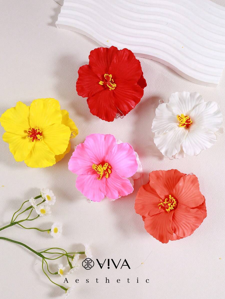1 paquete de flores de estilo hawaiano de hibisco para mujeres, elegantes, casuales y lindas, ganchos para el cabello, pinzas y accesorios para el cabello para mujeres - Multicolor - Ver 1