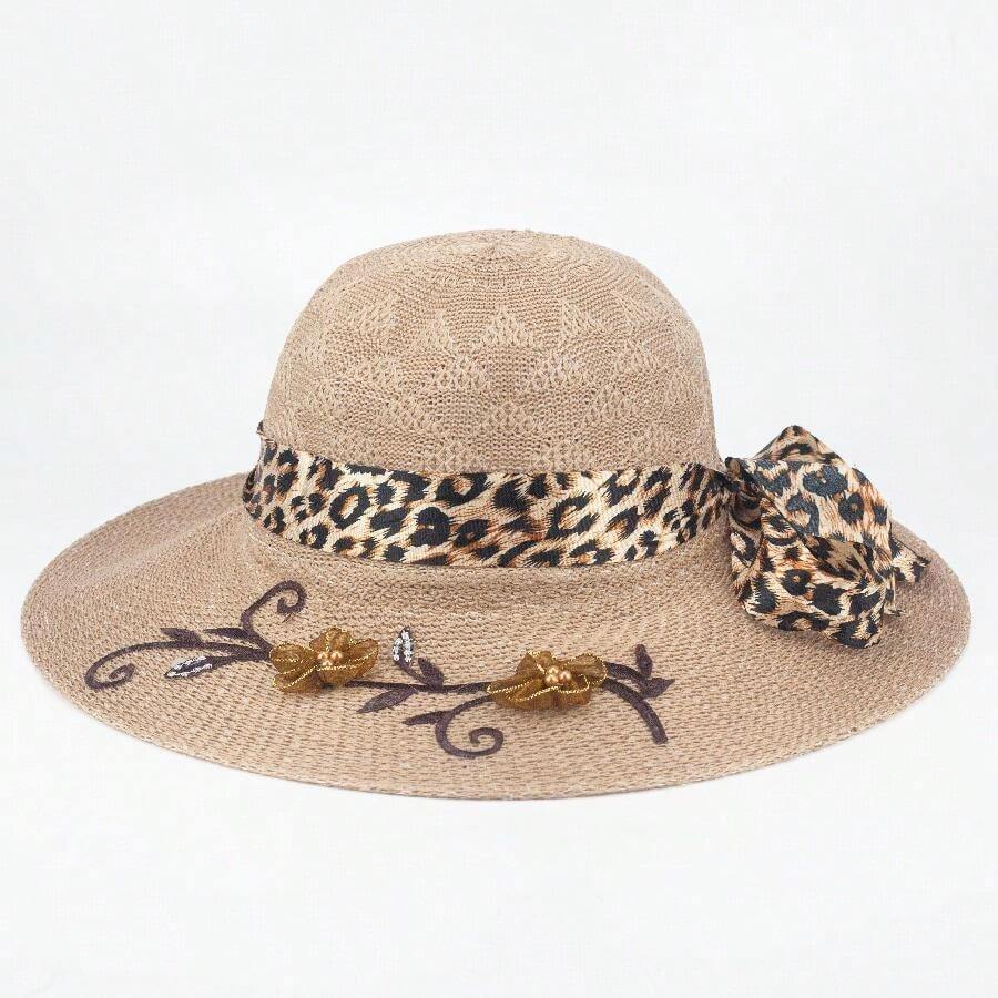 Women's Beach Hat Floppy Brim Bow Tie Summer Pool Leopard Bow With BorderAnimalBeachElegantVintageCuteCasualRibbonContrast BowAnimals - Rỉ Nâu - Xem 1