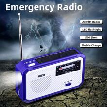 Solar Hand Crank Radio, Multi-Function LED Flashlight, Mobile Phone Charger, SOS Alarm, Outdoor Camping, Emergency Rescue - Blue - View 1