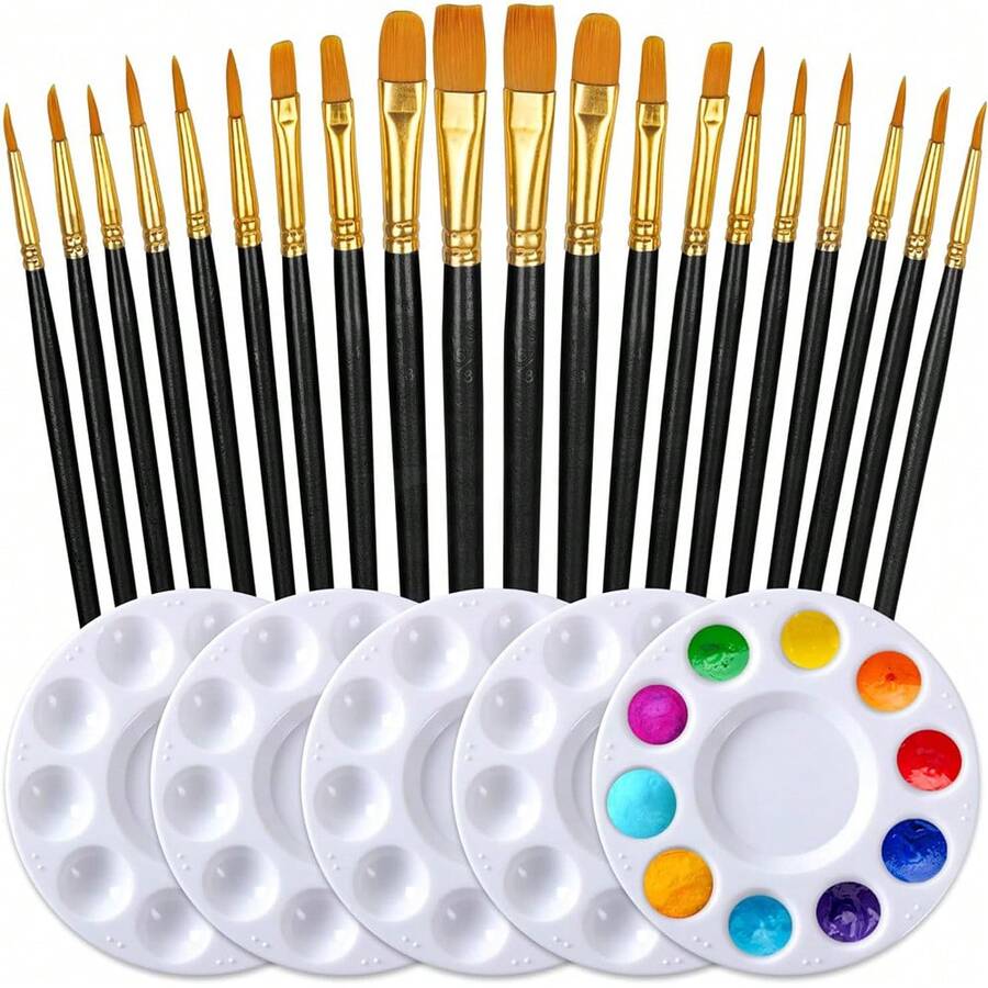 Bộ Bảng Màu Cọ Sơn Bởi Lonely Finger, 2 Gói/20 Chiếc Đầu Tròn Đầu Nhọn Bàn Chải Tóc Nylon Với 5 Khay Sơn Dùng Cho Màu Nước Acrylic Dầu Gouache Tempera Và Vẽ Cơ Thể - Bộ - Xem 1