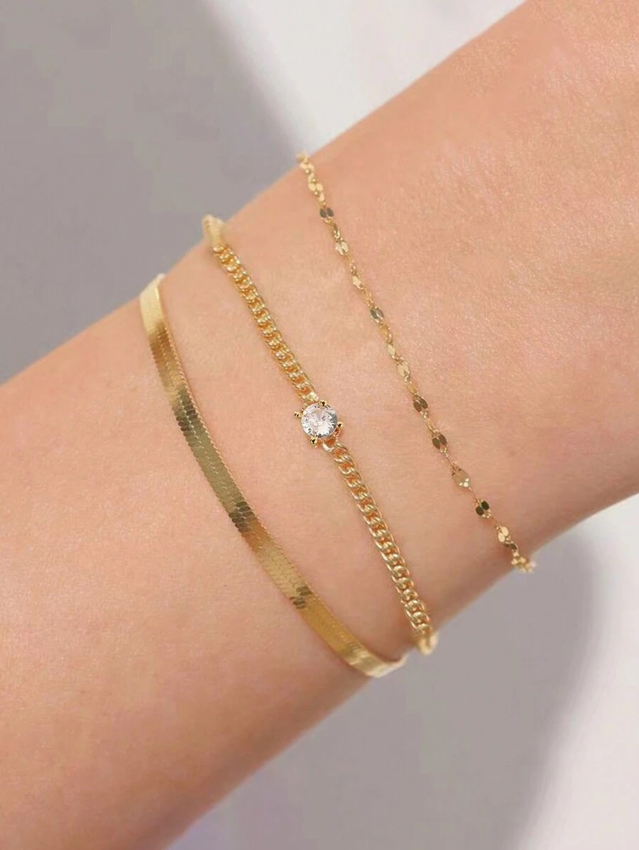 Nooxian 3pcs/Set Layered Gold-Tone Bracelets With Unique Stainless Steel Razor Blade, Lip Chain, And Cubic Zirconia Round Bead Detail
