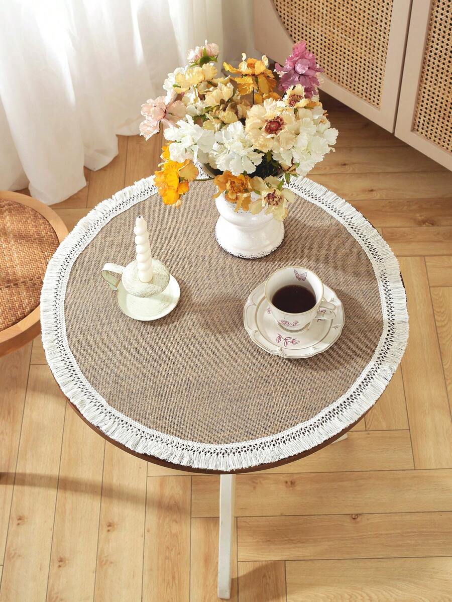 1pc 100% Linen Vintage Rustic Lace Edge Round Placemat, Suitable For Kitchen, Dining Table, Desk, Coffee Table, Vanity, Home Decor, Living Room, Bedroom, Yard, Indoor Outdoor, Camping, Villa, Holiday, Party, Wedding, Cabinet, Family Gathering, Holiday Decoration