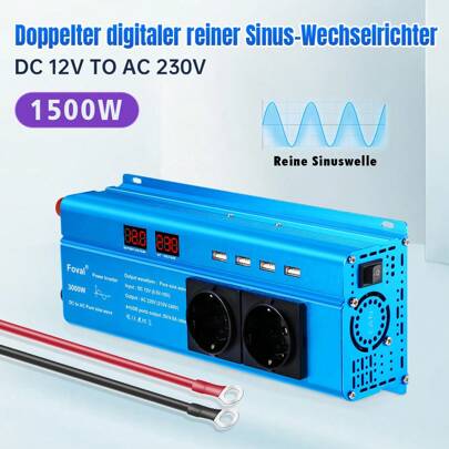 1500W/3000W (Spitze) Wechselrichter 12V zu 230V AC Reinwellenwechselrichter mit 2 Steckdosen und 4 USB-Anschlüssen für Auto, Fahrzeug, Wohnwagen, Outdoor, Zuhause