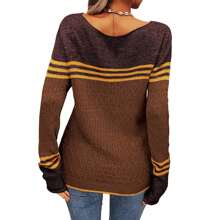 Women Autumn Winter Colorblock Pullover Sweaters Round Neck Striped Slim Fitting Knitwear Tops - 咖啡 - 查看 4