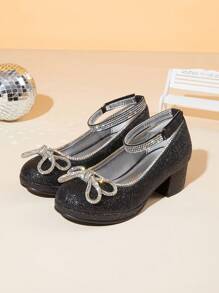 Girls Dress Shoes Low Heel Rhinestones Ankle Strap Princess  Shoes Bow Flower Party Wedding School Pump For Toddler Little Big Kid - 黑色 - 查看 1