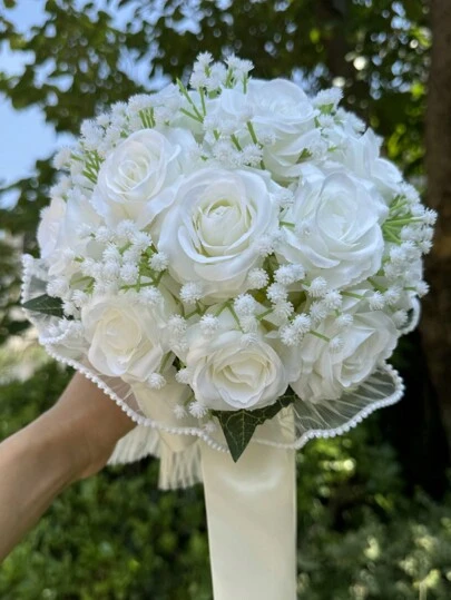 1 件装 满天星玫瑰新娘婚礼花束、新娘白色花束、婚礼人造花束、伴娘花束（配丝带）、情人节、装饰珍珠蕾丝网状玫瑰花束
