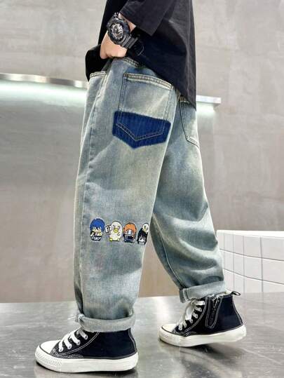 Tween Boy Cartoon Embroidered Versatile Jeans,Spring Autumn