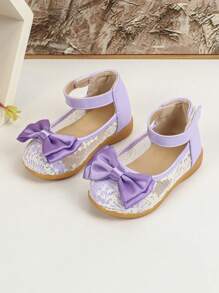 全新女童皮鞋宝宝时尚可爱公主礼服鞋蝴蝶装饰透气软底平底女童鞋 - 淡紫色 - 查看 6