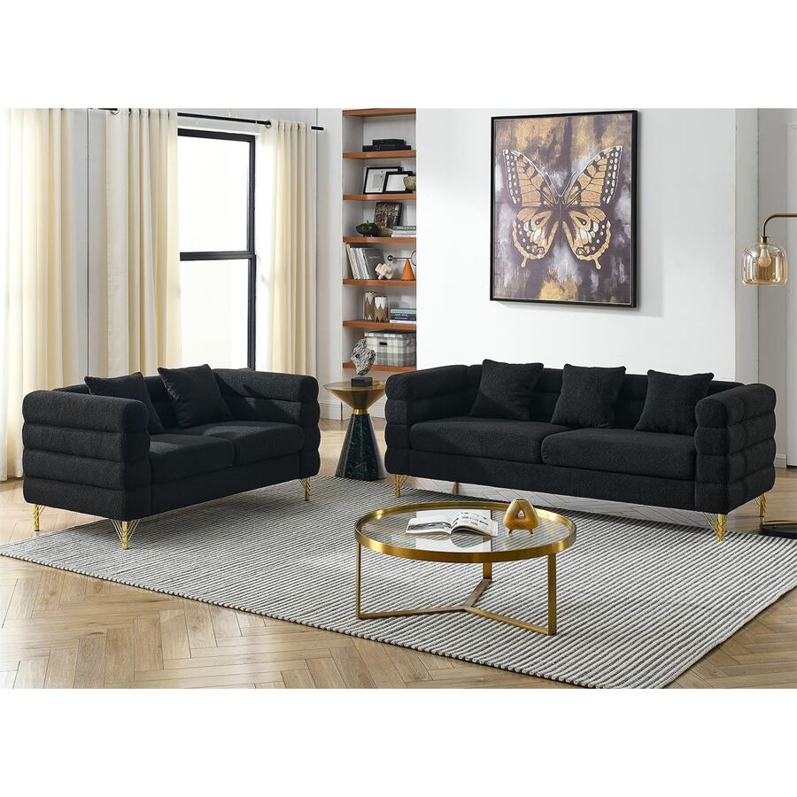 2 Piece Living Room Sofa Set, Comfy Boucle Couch With Loveseat And 3 Seater, Upholstered Sofa Couch With 2 Pillows And Deep Seat Design For Office, Waiting Room - 黑色 - 查看 1