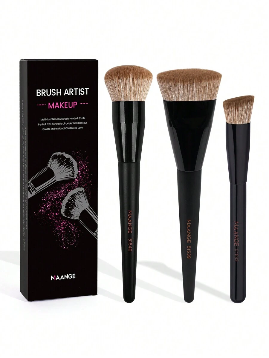 MAANGE 3pcs Soft Makeup Brush, Protable Smudge Cosmetic Brush Makeup Brush With Foundation Brush Blush Brush Loose Powder Brush Contour Brush Highlighter Brush Makeup Tools Gift For Women & Girl Travel Makeup Brush - 黑色 - 查看 1