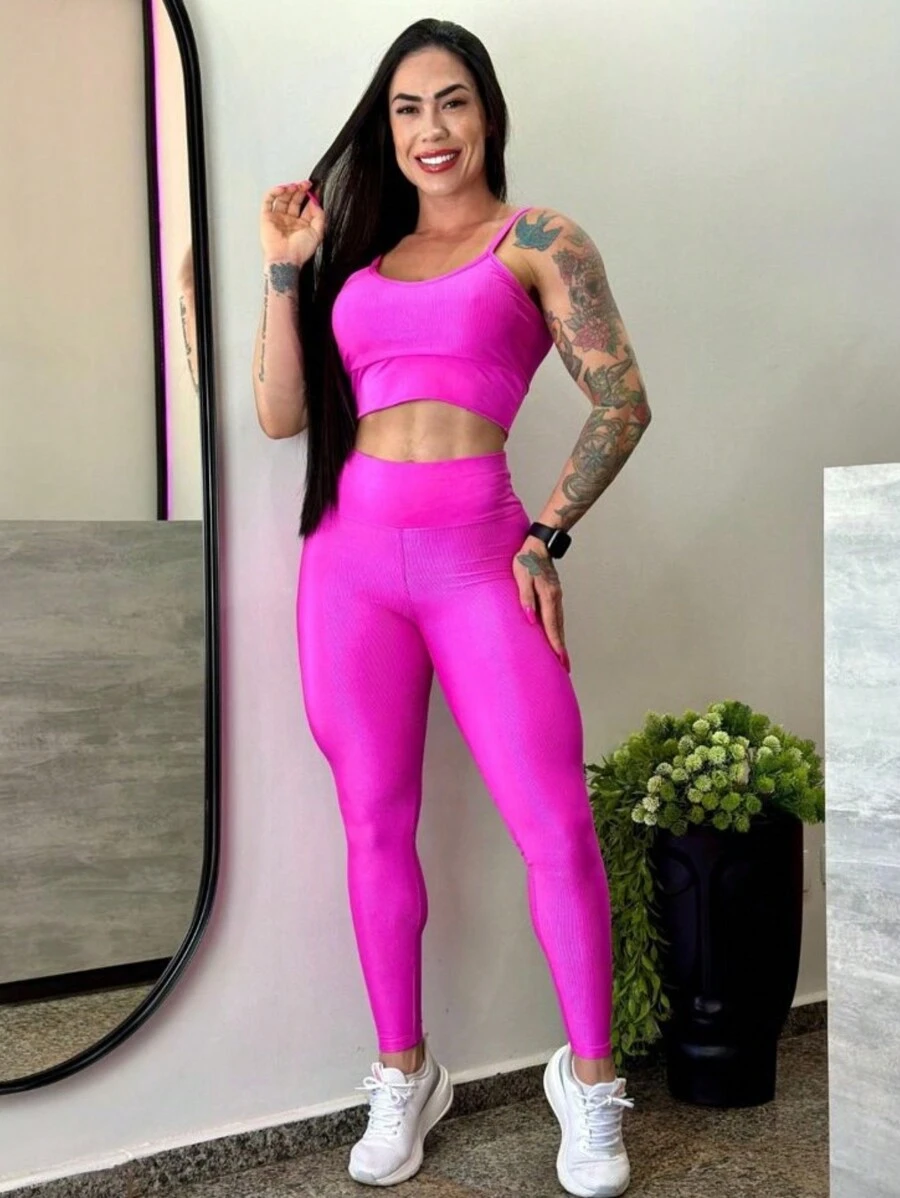 Academima Cropped Top Pants Women's Satin Satin Legging Set Premium Fabric Beautiful Luxury Model - 玫紅色 - 查看 1