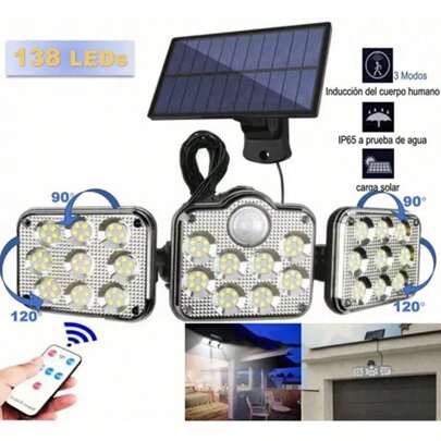 Lámpara Solar Exterior con Sensor de Movimiento - 138LED Lampara Solar de Tres Cabezales con Mando a Distancia, 3 Modos, Iluminación gran angular de 270°, Impermeable Luz Solar Exterior