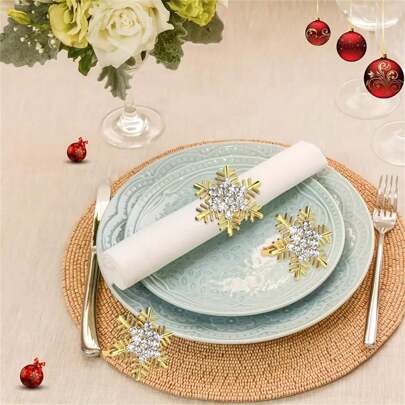 1pc/2pcs/6pcs/12pcs Christmas Rhinestone Snowflake Napkin Rings, Rhinestone Flower Napkin Rings, Home Kitchen Dining Table Decoration, For Birthday, Farmhouse, Wedding, Restaurant, Hotel, Valentine's Day, Party, Buffet, Christmas Party Supplies, Home Kitchen Table Decor