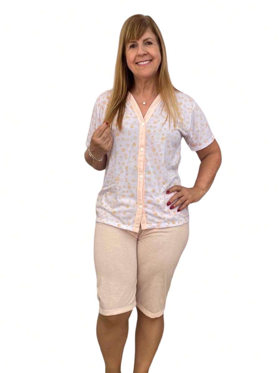 Open Fisherman Pajamas Short Sleeve Breastfeeding Post Surgery Women's Button Print - 珊瑚橙 - 查看 1