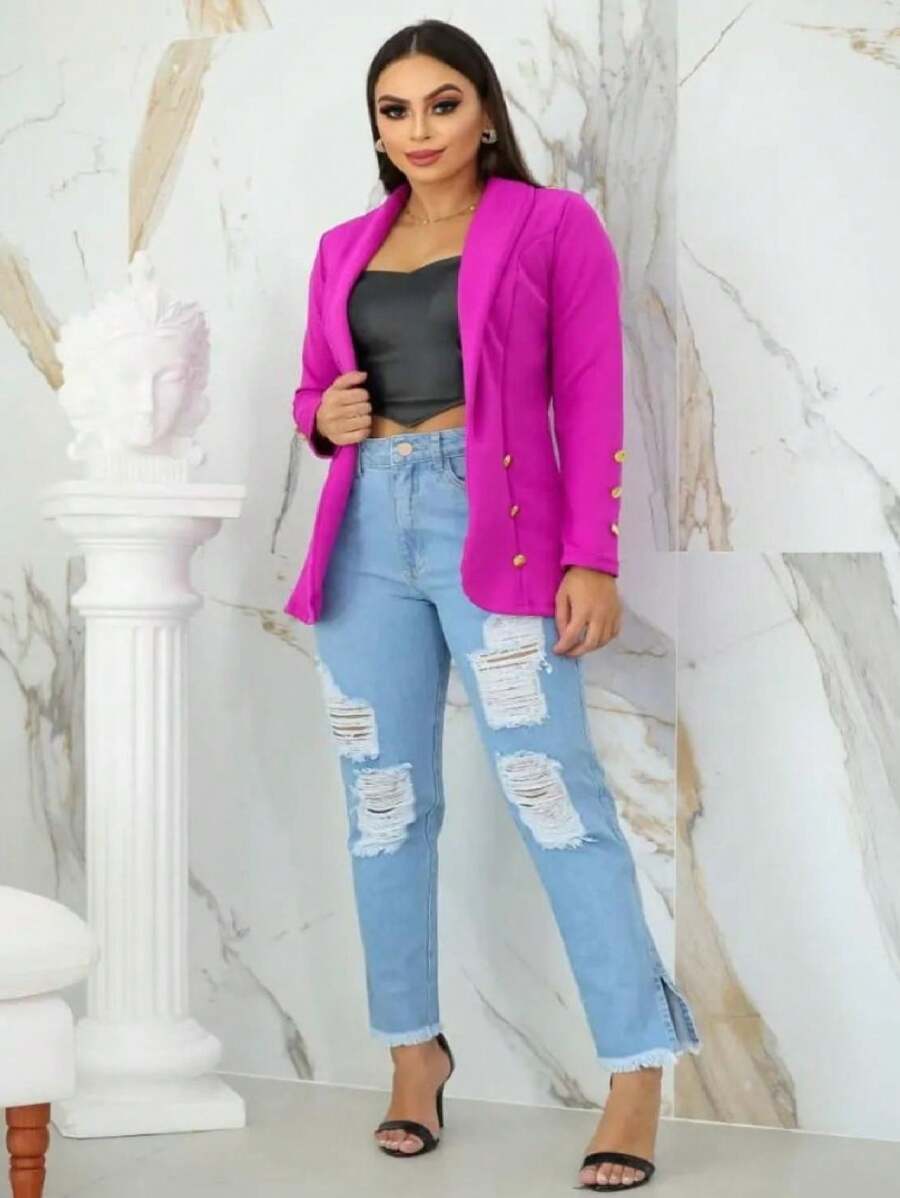 Tailored Blazer Women's Formal Jacket With Buttons Stylish Buttoned Overcoat - Lilac - View 1