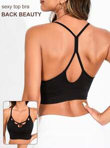 Black Sexy Hollow-Out Spaghetti Strap Sports Bra For Women, Breathable Yoga Camisole - Black - View 2