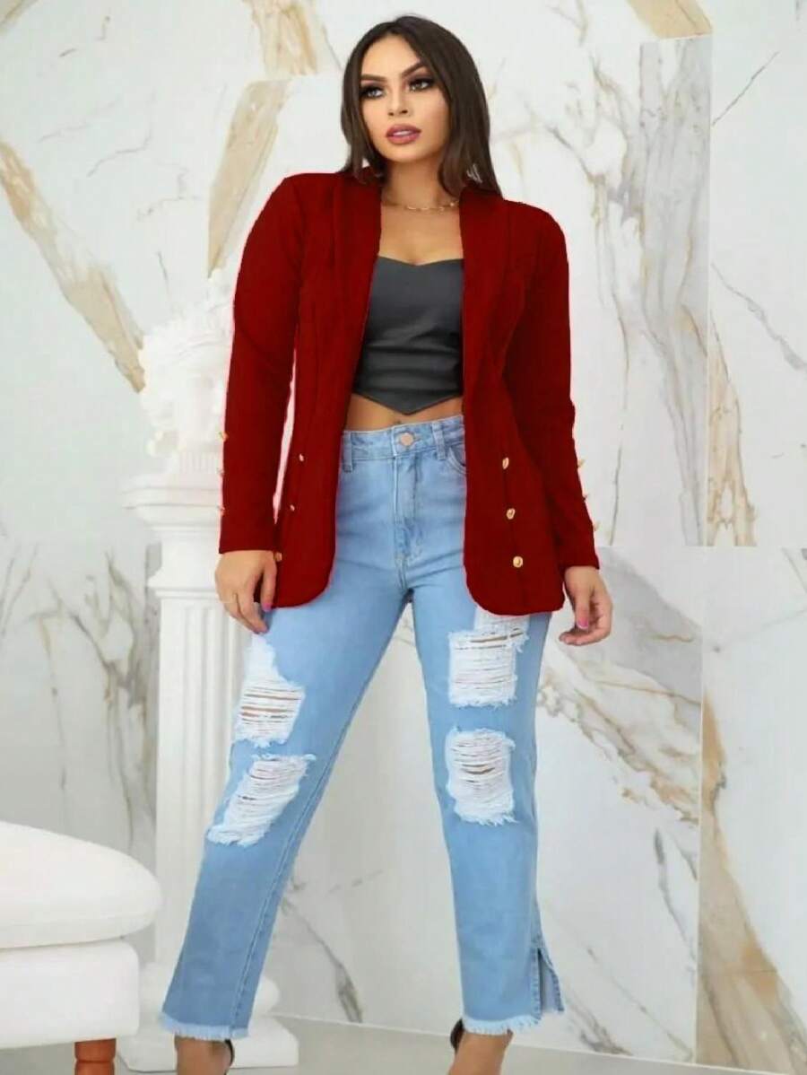 Tailored Blazer Women's Formal Jacket With Buttons Stylish Buttoned Overcoat - Burgundy - View 1