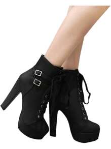 High Heel Boots For Women,Womens Platform Boot Heels Sexy Round Toe Lace UP High Heels Mid Calf Boots Valentines - Black - View 9