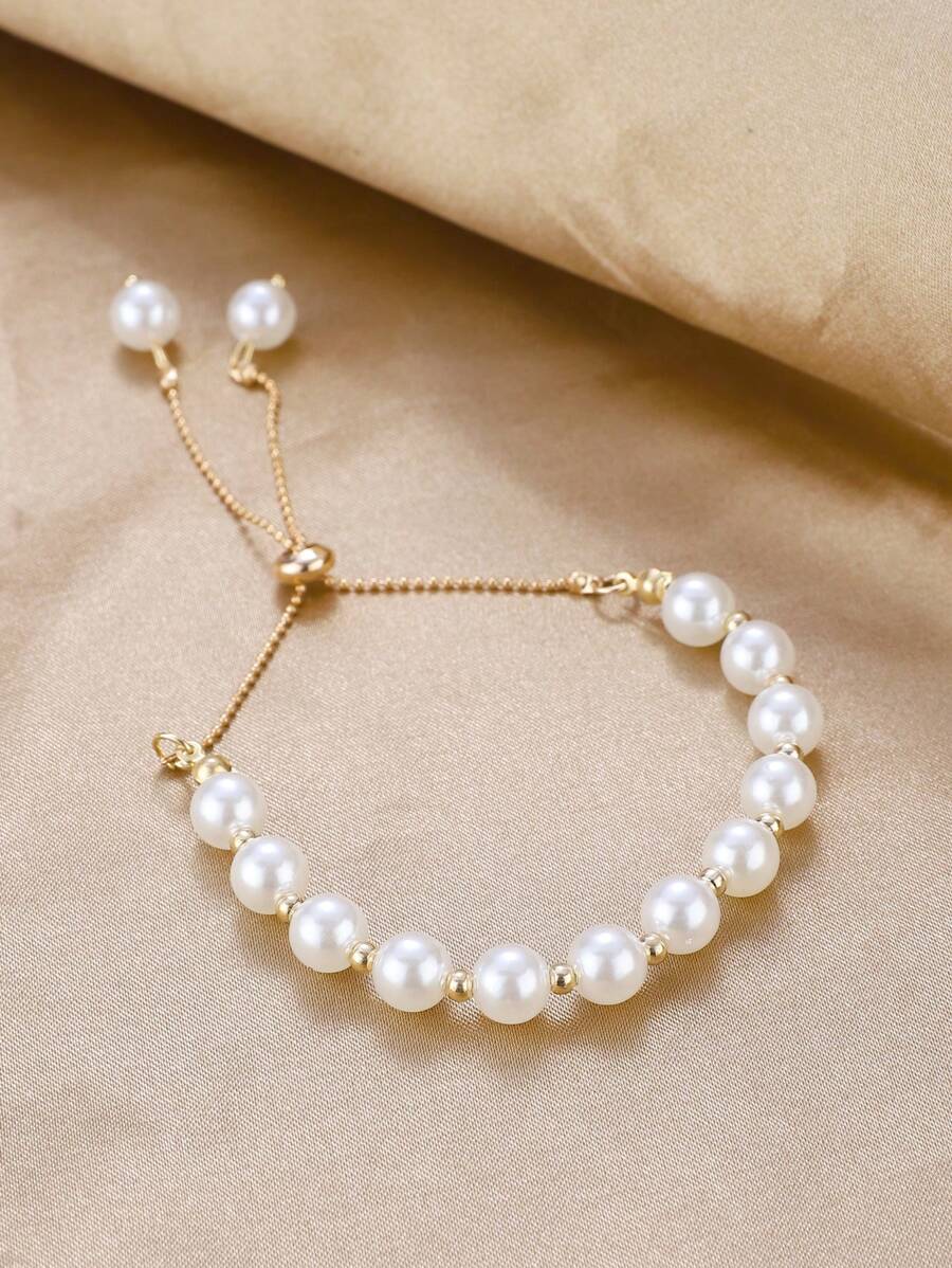 One Piece Of Fashionable & Minimalist French Style Vintage Elegant Faux Pearl Bracelet For Women, Suitable For Dance Party & Banquet Outfit Accessory - Yellow Gold - View 1