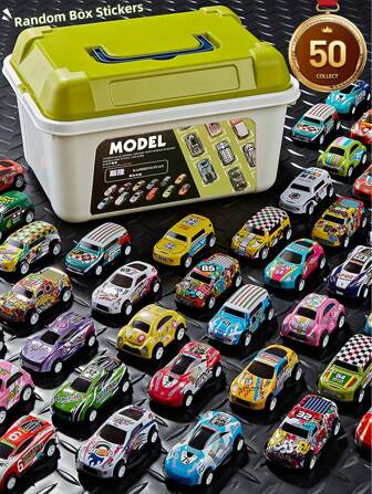 50pcs Kids Inertial Iron Toy Car Set With Storage Box (Car Style & Color, Box Sticker Randomly Picked), Friction Power Toy Cars, Pullback Mini Car Models, Gift For Boys, Birthday, Christmas, New Year,Back To School