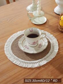 1pc 100% Linen Vintage Rustic Lace Edge Round Placemat, Suitable For Kitchen, Dining Table, Desk, Coffee Table, Vanity, Home Decor, Living Room, Bedroom, Yard, Indoor Outdoor, Camping, Villa, Holiday, Party, Wedding, Cabinet, Family Gathering, Holiday Decoration