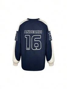 Long Sleeve V-Neck T-Shirt With Jersey Style - Navy Blue - View 2