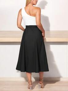 SHEIN Women's Solid Color High Waisted Knot Front Skirt - 黑色 - 查看 4