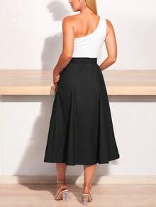 SHEIN Women's Solid Color High Waisted Knot Front Skirt - 黑色 - 查看 2