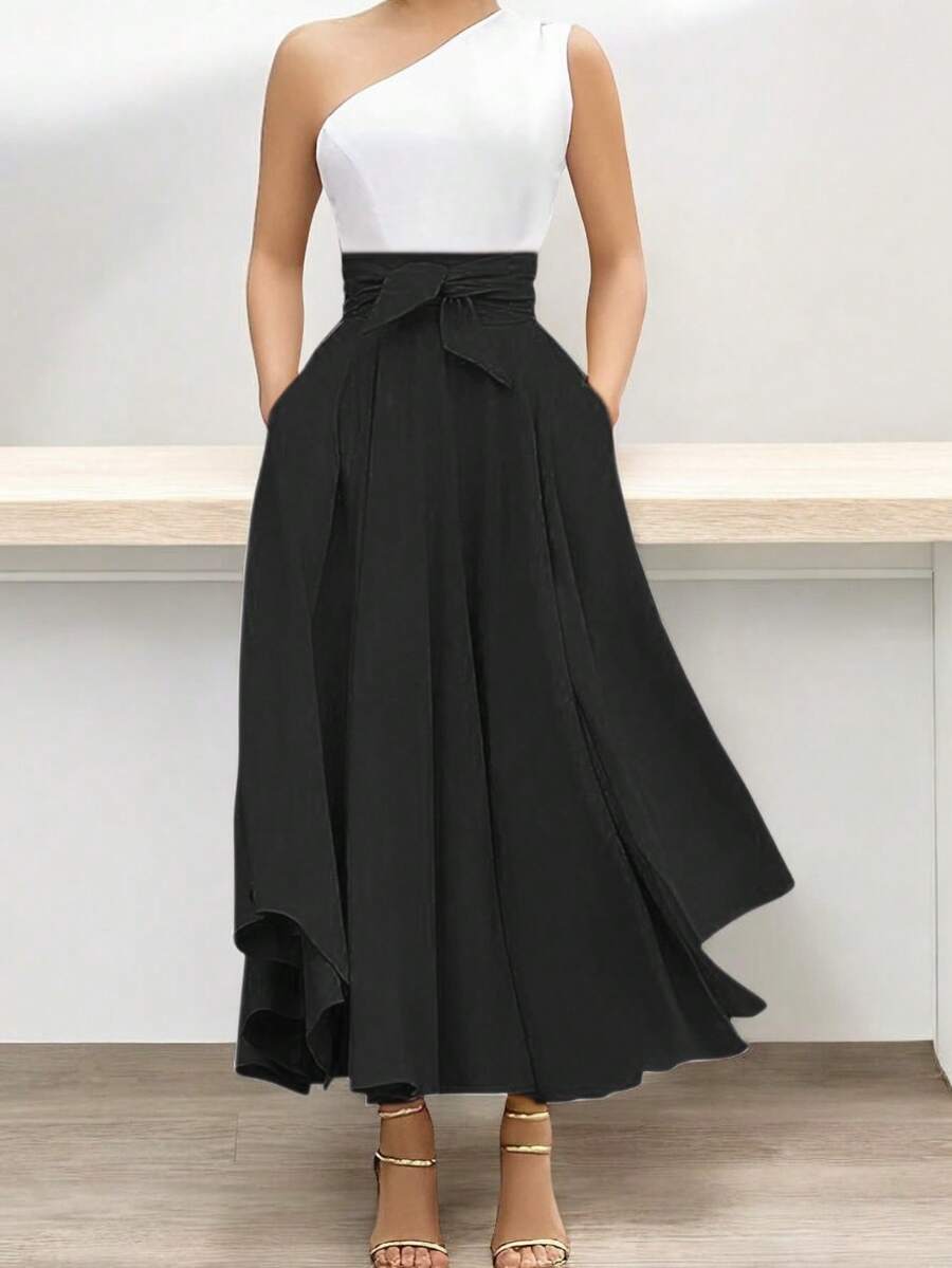 SHEIN Women's Solid Color High Waisted Knot Front Skirt - 黑色 - 查看 1