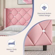 Twin/ Full/ Queen/ King Size Bed Frame, Upholstered Bed Frame With Diamond Headboard And Footboard, No Box Spring Needed With Wood Slat Support, Easy Assembly, Twin Bed Frame/  Full Bed Frame/ King Bed Frame, Black/ Pink/ White/ Purple/ Blue/ Green - 粉色 - 查看 4