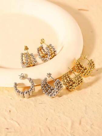 1 对 C 形三层钢珠拼接小众设计镀金不锈钢耳环，适合女性、派对、日常和通勤佩戴