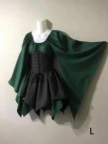 2 件套复古中世纪拼色喇叭袖系带腰连衣裙，适合万圣节、化装舞会或日常穿着 - A - 查看 9