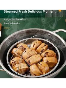 1 件不锈钢蒸锅，带手柄、滤锅篮、圆形淘米筛、防烫滤油盘 - 銀色 - 查看 5