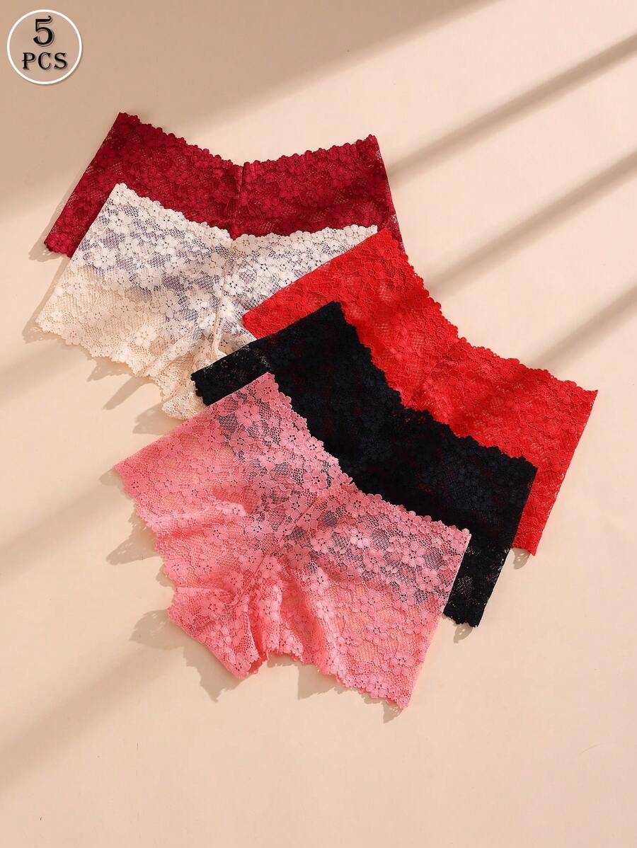 5pcs/Pack Women's Sexy Seamless Lace Low Waist Boyshorts Lingerie