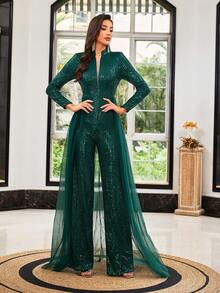 LOVE&LEMONADE Green Sequined Tie Cuff Elegant Long Sleeve V-Neck Jumpsuit - Green - View 3