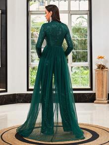 LOVE&LEMONADE Green Sequined Tie Cuff Elegant Long Sleeve V-Neck Jumpsuit - Green - View 7