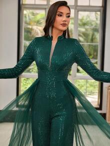 LOVE&LEMONADE Green Sequined Tie Cuff Elegant Long Sleeve V-Neck Jumpsuit - Green - View 6