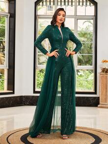 LOVE&LEMONADE Green Sequined Tie Cuff Elegant Long Sleeve V-Neck Jumpsuit - Green - View 5