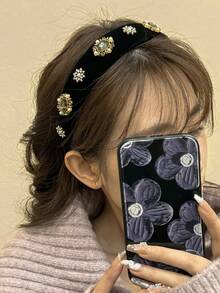 Black Velvet Headband With Pearl & Rhinestone Decor - Black - View 3