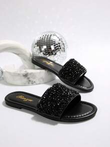 2025 New Design Women's Slides Slippers, Square Heel Flat Round Toe, Rhinestone & Faux Pearl Decor, Plus Size, Lightweight Luxury Casual Non-Slip Sandals, Versatile,Spring Summer Outfits - Black - View 8