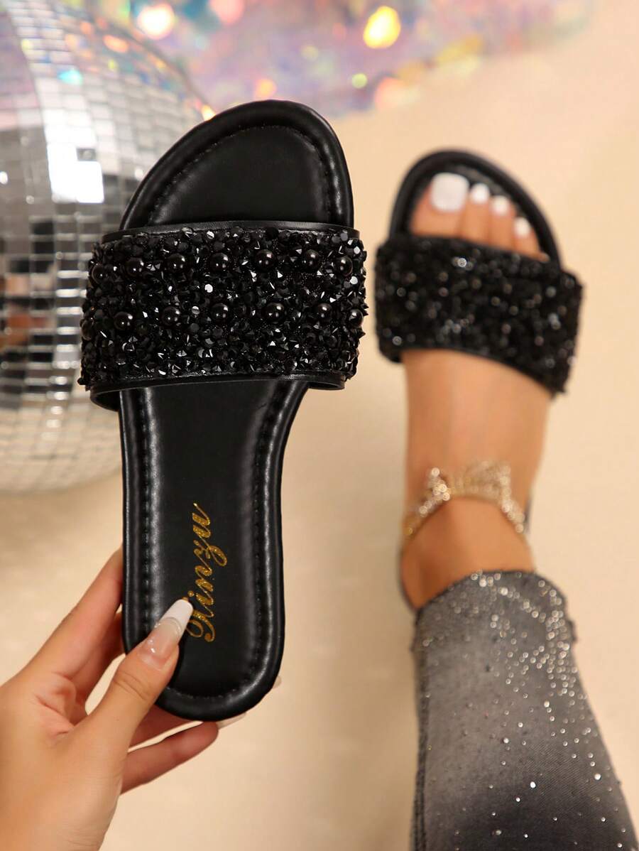 2025 New Design Women's Slides Slippers, Square Heel Flat Round Toe, Rhinestone & Faux Pearl Decor, Plus Size, Lightweight Luxury Casual Non-Slip Sandals, Versatile,Spring Summer Outfits - Black - View 1