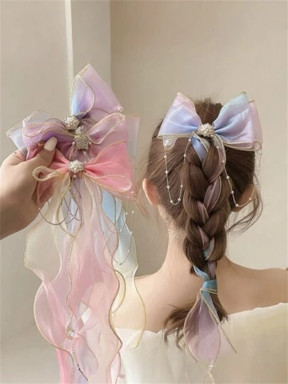 1个儿童多巴胺色编织马尾发夹，珍珠蝴蝶结发饰，适合女孩