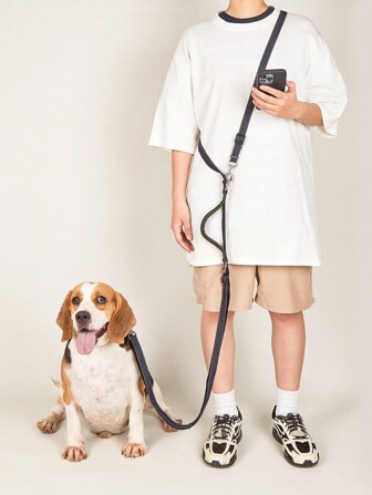 1pc Dual-Layer Foam Handle Anti-Choke Dog Leash With Reflective Strap, Hands-Free Crossbody Design For Jogging, Suitable For Medium And Small Pets