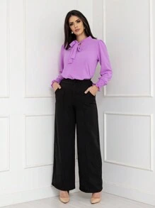 LAN FASHION Women's Formal Blouse Long Sleeves Bow Collar In Plain Dune Fabric - 淡紫色 - 查看 2