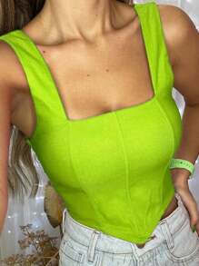 Women's Cropped Top, Straight Neckline, V-Neck, Wide Straps - Lime Green - View 1