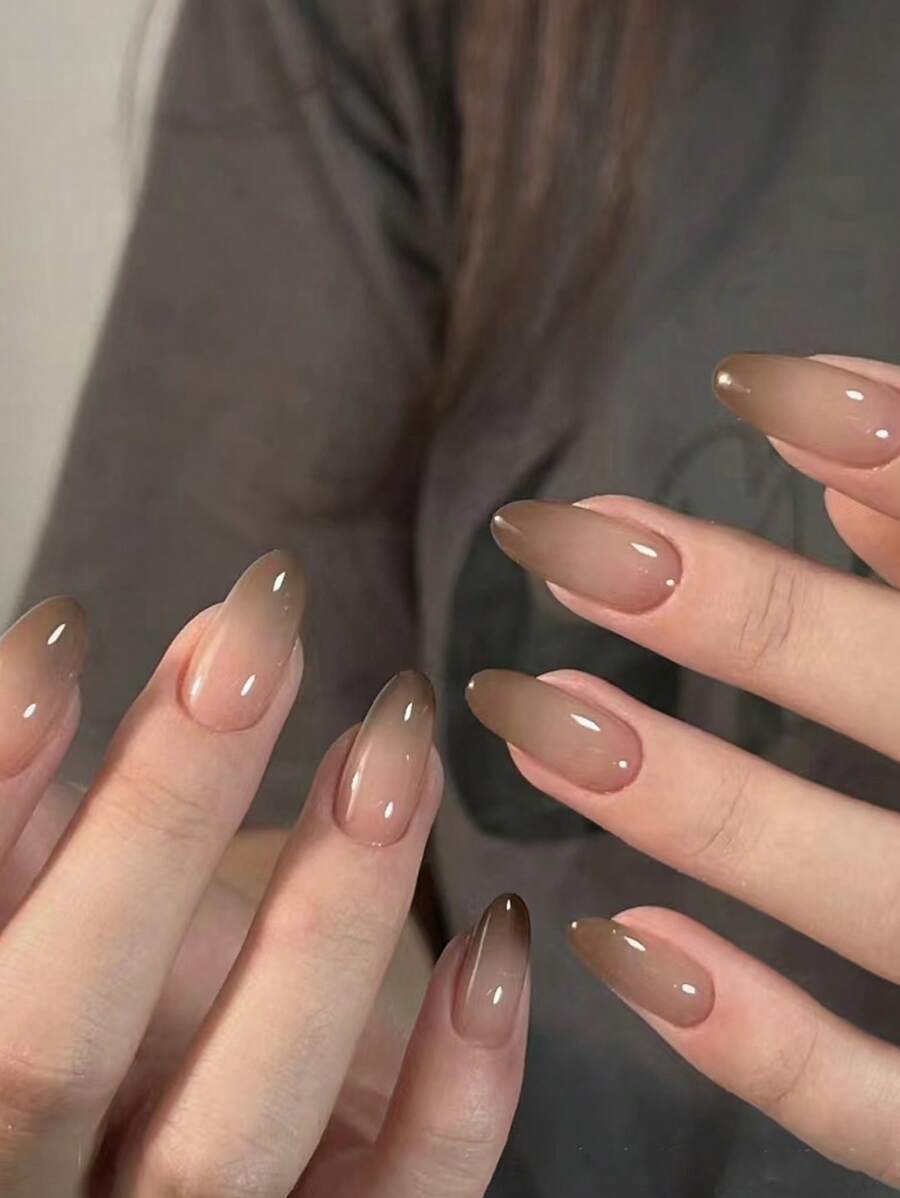30pcs/Pack Almond-Shaped Brown Ombre Fake Nails With 1pc File/Buffer Block And 1pc Gel Nail Sticker - Multicolor - View 1