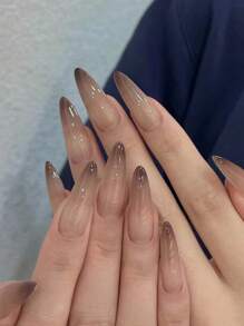 30pcs/Pack Almond-Shaped Brown Ombre Fake Nails With 1pc File/Buffer Block And 1pc Gel Nail Sticker - Multicolor - View 3