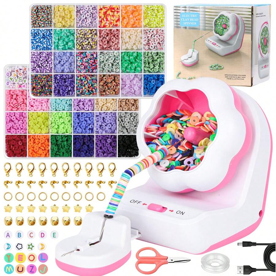 1box 3mm Rice Bead Polymer Clay Beads With Spinner Kit - Electric Bead Rotator For Jewelry Making, Featuring 24 Colorful Clay Beads And Jewelry - Packed In A Gift Box For Waistband, Bracelet, Or Necklace Crafting - Polymer Clay - View 1