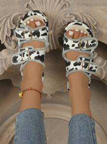Women's Black And White Cow Print Tassel Thick Sole Open Toe Casual Platform Slide Sandals